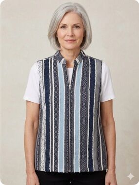 CHRISTOPHER & BANKS Denim Striped Zip-Up Vest, Women’s L, Blue White